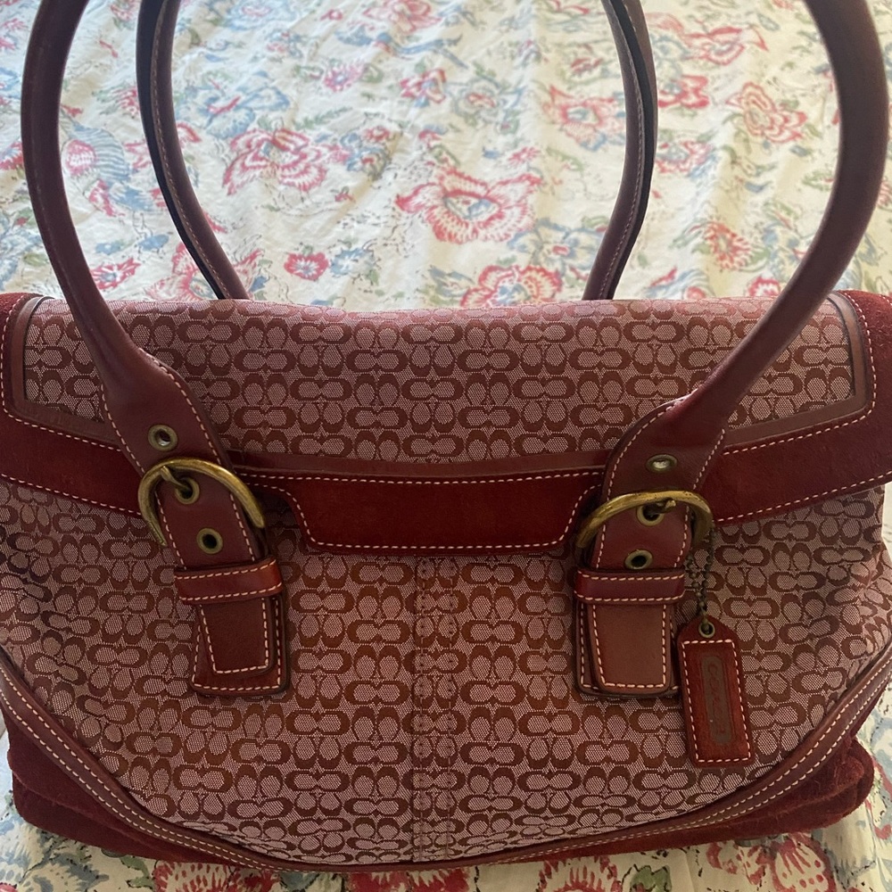COACH MINI "C" CRANBERRY RED JACQUARD SATCHEL WITH SUEDE TRIM. BAG No-C04J-7080